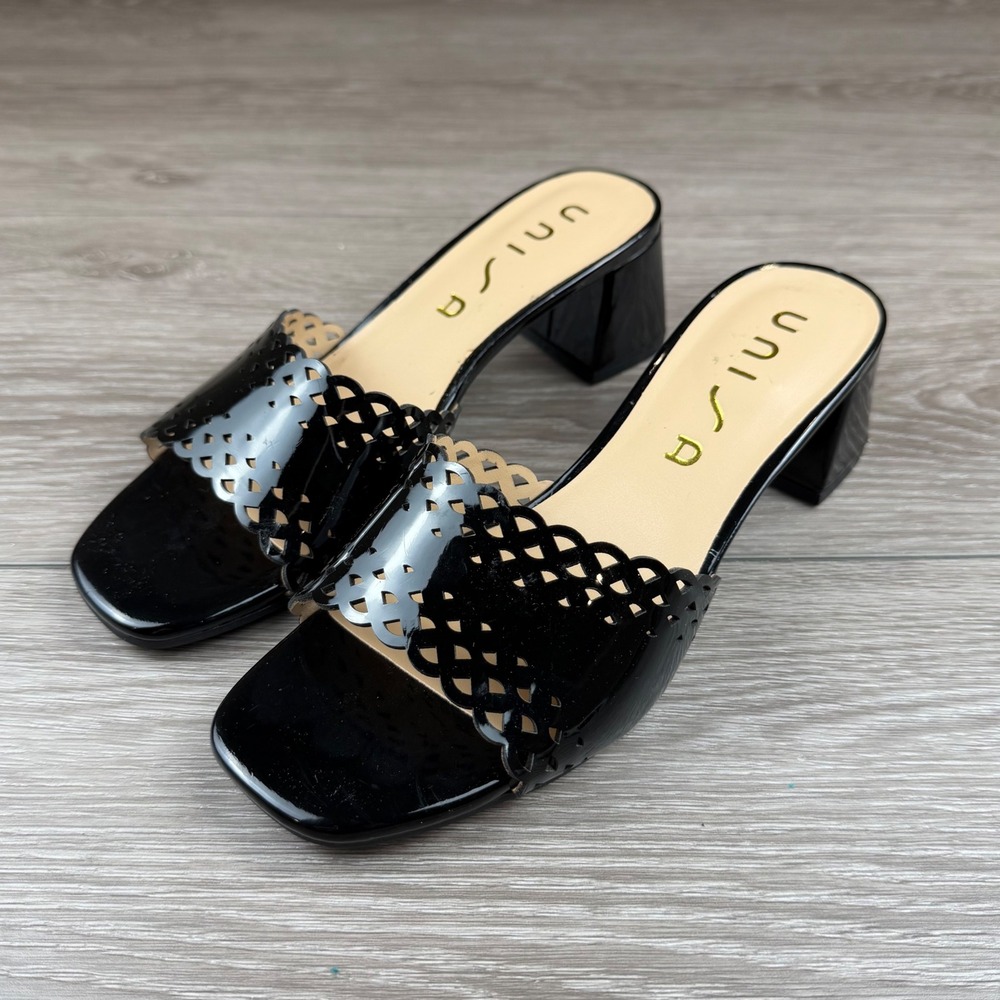 Unisa Womens Sandal Mules Laser Cut Patent Block Heel Black 6.5M